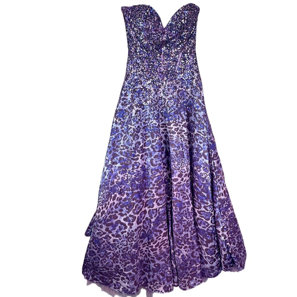 Jovani Purple Strapless Sequined Leopard Print Ball Gown Prom Dress Sz 0 - Picture 2 of 14